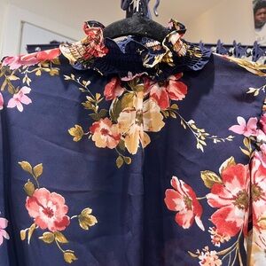 Floral Ruffle Neck Blouse - Navy and Pink